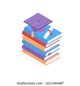 Education isometric concept - square academic cap and diploma lying on pile of closed colorful hardcover paper books. Isolated vector illustration for learning and graduation design.