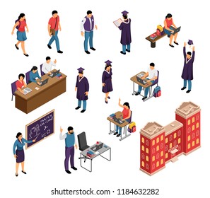 Education isometric icons set with private tutors university college students professors teachers lectures graduation building isolated vector illustration 