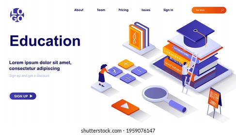 Education isometric landing page. Studying at school or university isometry concept. Learning, training courses, graduation 3d web banner. Vector illustration with people characters in flat design