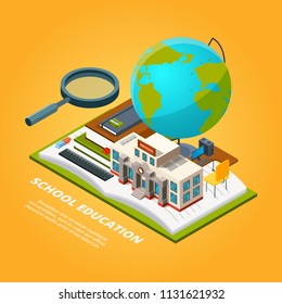 Education isometric pictures. Composition with school symbols. Education school, open book with magnifying, glass, globe and ruler. Vector illustration