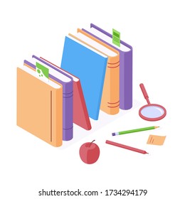 Education isometric vector illustration for back to school design - stack of paper books with bookmarks and stationery with apple. Educational tools for reading and studying concept.