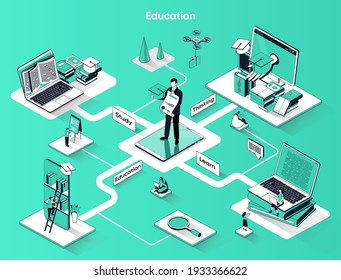 Education isometric web banner. University degree or professional development flat isometry concept. Online studying, courses learning 3d scene design. Vector illustration with tiny people characters