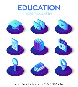 Education isons set. 3d isometric icons for learning or education internet technology concept. E-Learning, webinar, teaching, online training courses infographic. Vector Illustration.