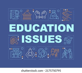 Education issues word concepts dark purple banner. Studying problems. Infographics with editable icons on color background. Isolated typography. Vector illustration with text. Arial-Black font used
