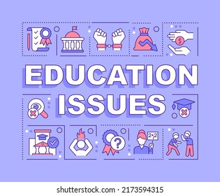 Education issues word concepts purple banner. Studying problems. Infographics with editable icons on color background. Isolated typography. Vector illustration with text. Arial-Black font used
