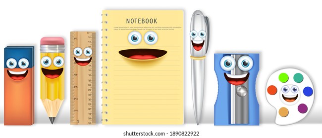 Artículos educativos caricaturas en 3D mascotas de material escolar aisladas en fondo blanco para volver al concepto escolar. Juego de caracteres escolares. ilustración vectorial. 