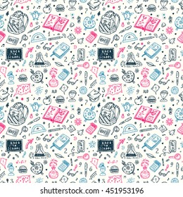 Education items. Back to school. Hand Drawn Doodle school supplies Vector Seamless pattern 