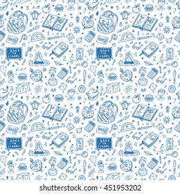 Education items. Back to school. Hand Drawn Doodle school supplies Vector Seamless pattern 