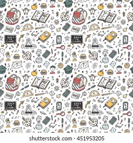 Education Items. Back To School. Hand Drawn Doodle School Supplies Vector Seamless Pattern 