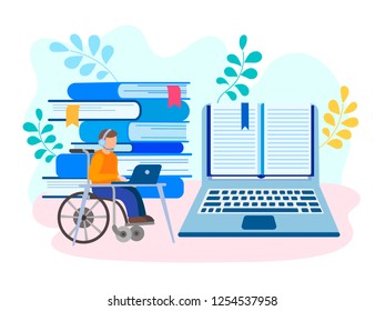 Education and job online for physical handicapped artificial disability person concept. Vector illustration.