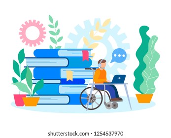 Education and job for physical handicapped artificial disability person concept. Vector illustration.