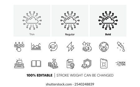 Ícones de educação, escala de justiça e linha de certificado. Pacote de óleo Canister, caixa de verificação correta, ícone de rede Cloud. Eletricidade, máquina de escrever, pictograma de livros. Educação continuada, Infochart. Vetor