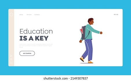 Education is a Key Landing Page Template. African Student Boy Go to School. Pupil Male Character in Uniform and Schoolbag Go for Getting Knowledges to College. Cartoon People Vector Illustration