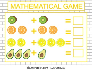 Education for kids. Mathematical task (counting, addition). Vector illustration