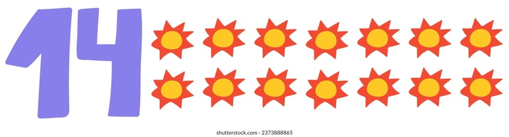 Education for kids. Number 14. Little suns. Graphic design. Vector illustration on white background.