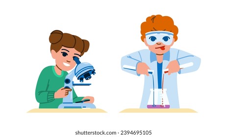 vector de experimento científico de niños de la educación.  laboratorio escolar, química infantil, estudio niños educación niños niños experimento de ciencia carácter. ilustración de dibujos animados planos de personas