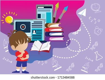 Education with kids use of technology for learning, notebook illustration tablet ideas for children flat style isolated on background 