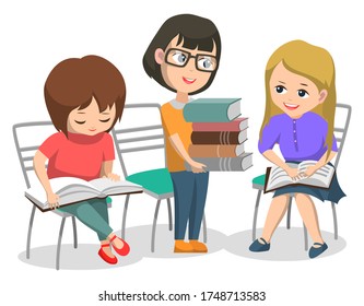 Education of kids vector, isolated children with books reading and learning new material for lesson. Back to school concept classmates girls sitting bench talking and helping each other. Flat cartoon