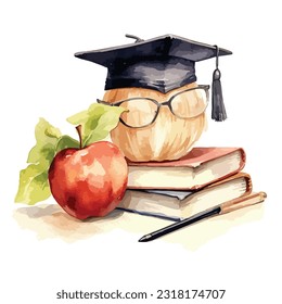 Education and knowledge, apple, books, graduation cap, glasses