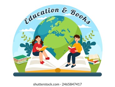 Education and Knowledge Books Vector Illustration Featuring People Studying or Reading Books for Learning in a Flat Style Cartoon Background