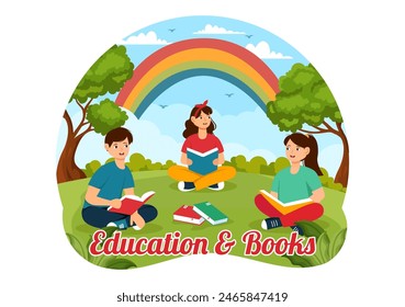 Education and Knowledge Books Vector Illustration Featuring People Studying or Reading Books for Learning in a Flat Style Cartoon Background