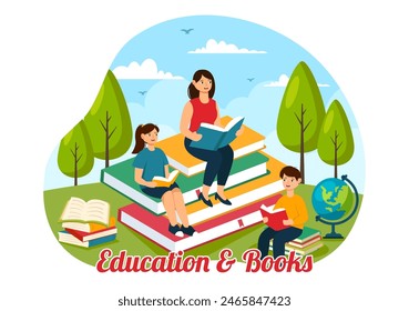 Education and Knowledge Books Vector Illustration Featuring People Studying or Reading Books for Learning in a Flat Style Cartoon Background