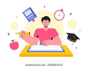 Education and Knowledge Books Vector Illustration featuring People Studying and School Items for Learning in a Flat Style Cartoon Background