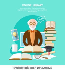 Education and knowledge, bookstore exam preparation, professor librarian in the library vector