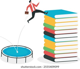 Education or knowledge, challenge to read books or study new skill, wisdom or intelligence for career opportunity concept, smart businessman jump over high books stack.
