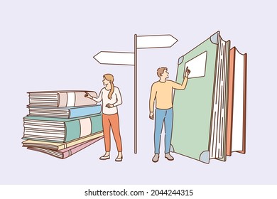 Education, knowledge and choosing profession concept. Young girl and boy standing bear books heaps choosing way of development profession speciality vector illustration 