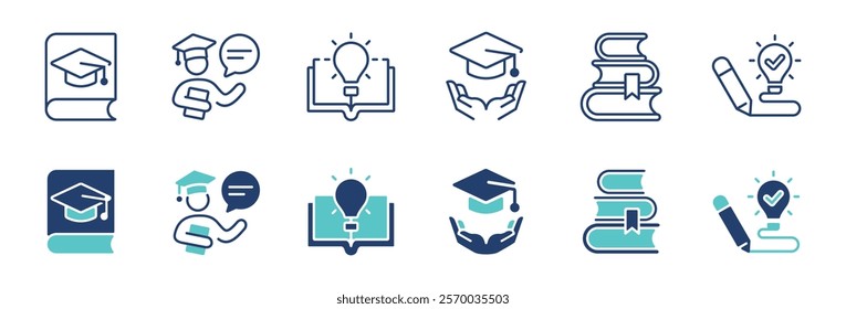 education knowledge cognition icon set intelligence learning achievement book innovation idea with graduation hat signs vector illustration for web and app