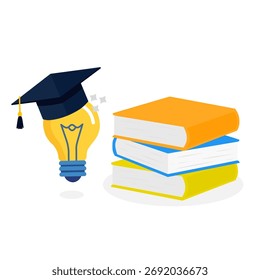 Concepto de Educación y conocimiento con libros y bombilla en tapa de graduación