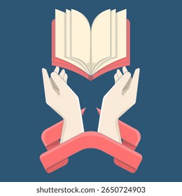 Education and knowledge concept. Happy world book day. World book day label. illustration of two hands with open book and red ribbon. flat vector illustration on background.