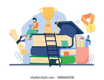 Education Knowledge concept. a man sit on stack of books for success. book festival, E-Learning, Learning book, Library, Study Literature, distance education, reading book. vector illustration