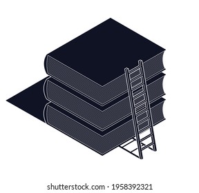 Education and knowledge concept shown with book and ladder to the top, vector concept illustration in 3d isometric style.