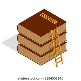 Education and knowledge concept shown with book and ladder to the top, vector concept illustration in 3d isometric style.