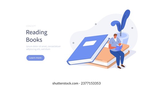 Education and knowledge concept. Student holding open book, reading, preparing to exam or doing homework. Vector illustration