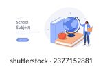 Education and knowledge concept. Teacher look at open book and teach a lesson for school or university students. Vector illustration isolated on white background