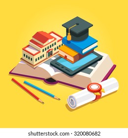 Education and knowledge concept. University building and tablet computer lying on big book next to sealed graduation diploma. Flat style isometric 3d vector illustration isolated on yellow background.