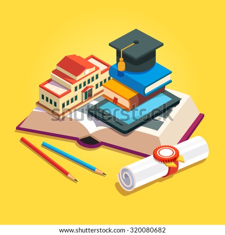 Education and knowledge concept. University building and tablet computer lying on big book next to sealed graduation diploma. Flat style isometric 3d vector illustration isolated on yellow background.