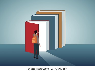 Educación, concepto de conocimiento. El hombre usa un libro como puerta para acceder a nuevas oportunidades.