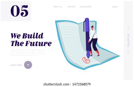 Education, Knowledge Concept for Website Landing Page. Woman Teacher Holding Huge Pen Put Excellent Mark on Notebook Page. Studying, Back to School Web Page Banner. Cartoon Flat Vector Illustration