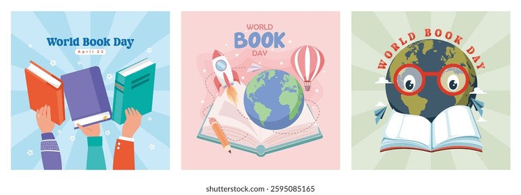 Education and knowledge concept.Open book with astronomy icons. Reading imagination. Open book with globe.  World Book Day concept. Set Flat vector illustration.