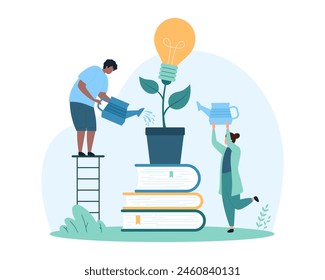 Education and knowledge for creative idea development. Tiny people watering light bulb plant growing from stack of books, develop creativity and innovation thinking cartoon vector illustration
