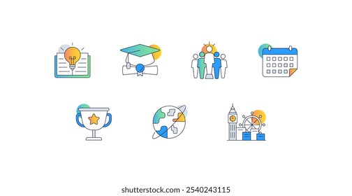 Educación y Desarrollo del Conocimiento. Iconos incluidos: Gorra de graduación con diploma, Libro abierto con bombilla, Trofeo con estrella, Grupo de Personas, Calendario con evento marcado