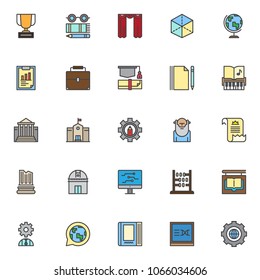 Education and knowledge filled outline icons set, line vector symbol collection, linear colorful pictogram pack. Signs, logo illustration, Set includes icons as trophy, glasses, book pencil, curtain