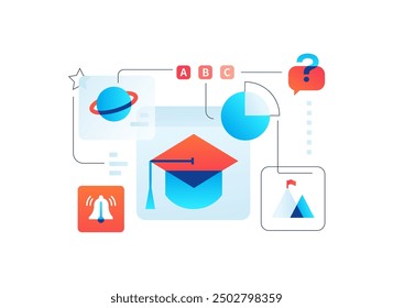 Education and knowledge - flat design style illustration on white background. Elementary and high school subjects, graduation and learning, student goals and exams. Astronomy, Maths and literature