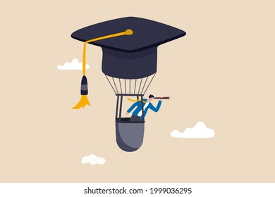 Education Or Knowledge To Growth Career Path, Working Skill To Success In Work, Learn Or Study New Course For Business Success Concept, Businessman Fly Graduation Mortar Hat Balloon See Future Vision.