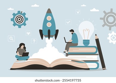 Education and knowledge helps career advancement or business development. Innovation startup rocket take off from open textbook. Business people learning and working. Marketing boost up. flat vector