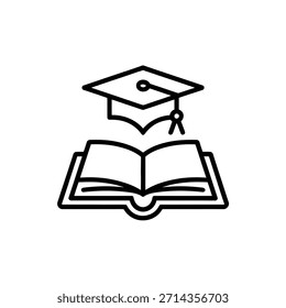 Icono de Educación y conocimiento con un libro abierto con tapa de graduación encima que simboliza el aprendizaje